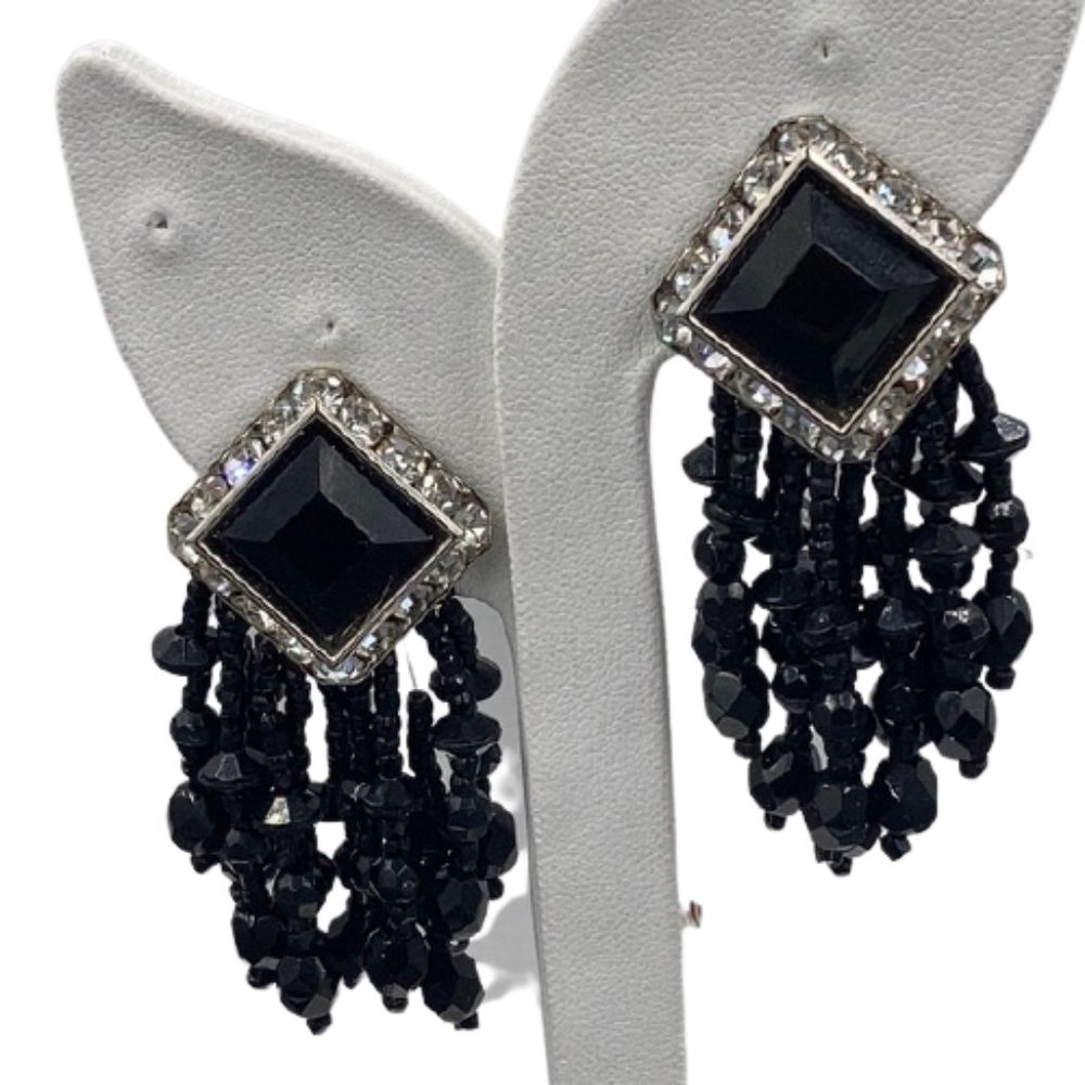 Vintage Art Deco Style Black Cha-Cha Clip Earrings